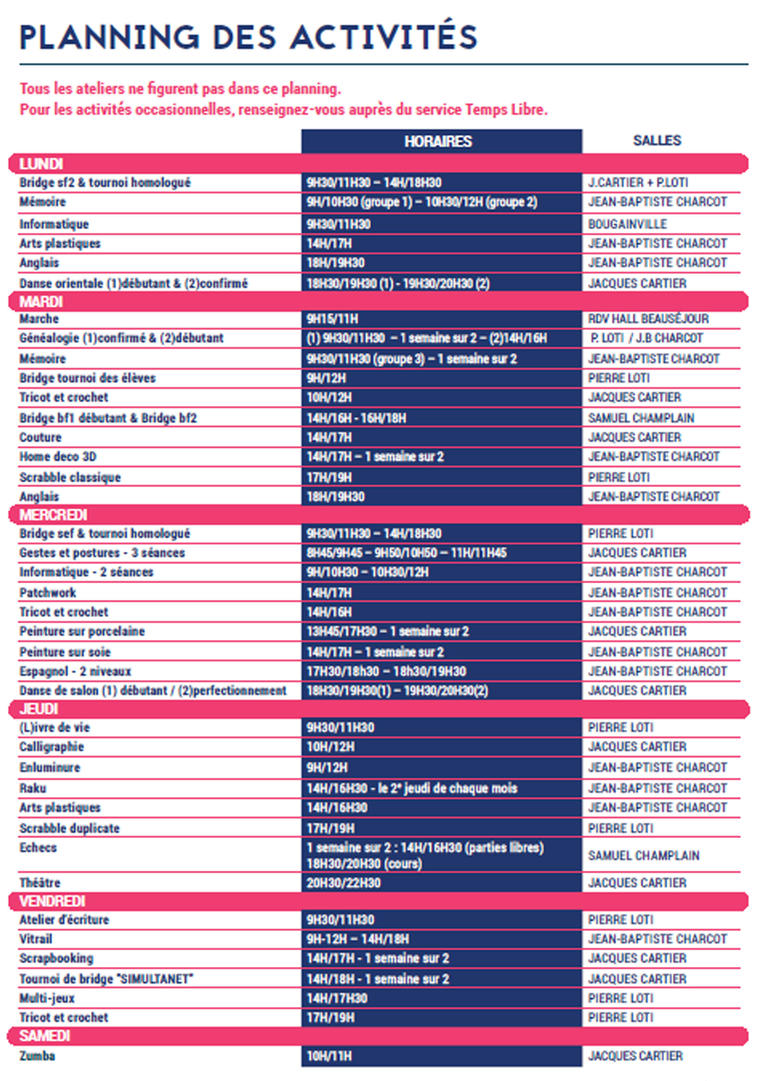Planning Et Tarifs Des Activités De Temps Libre à Beauséjour